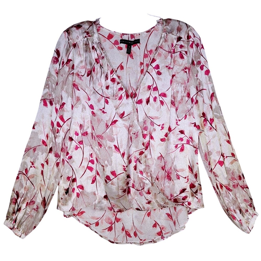 White House Black Market Pink Floral Silk Blend Ruffle Blouse‎ 8 Chic Romantic